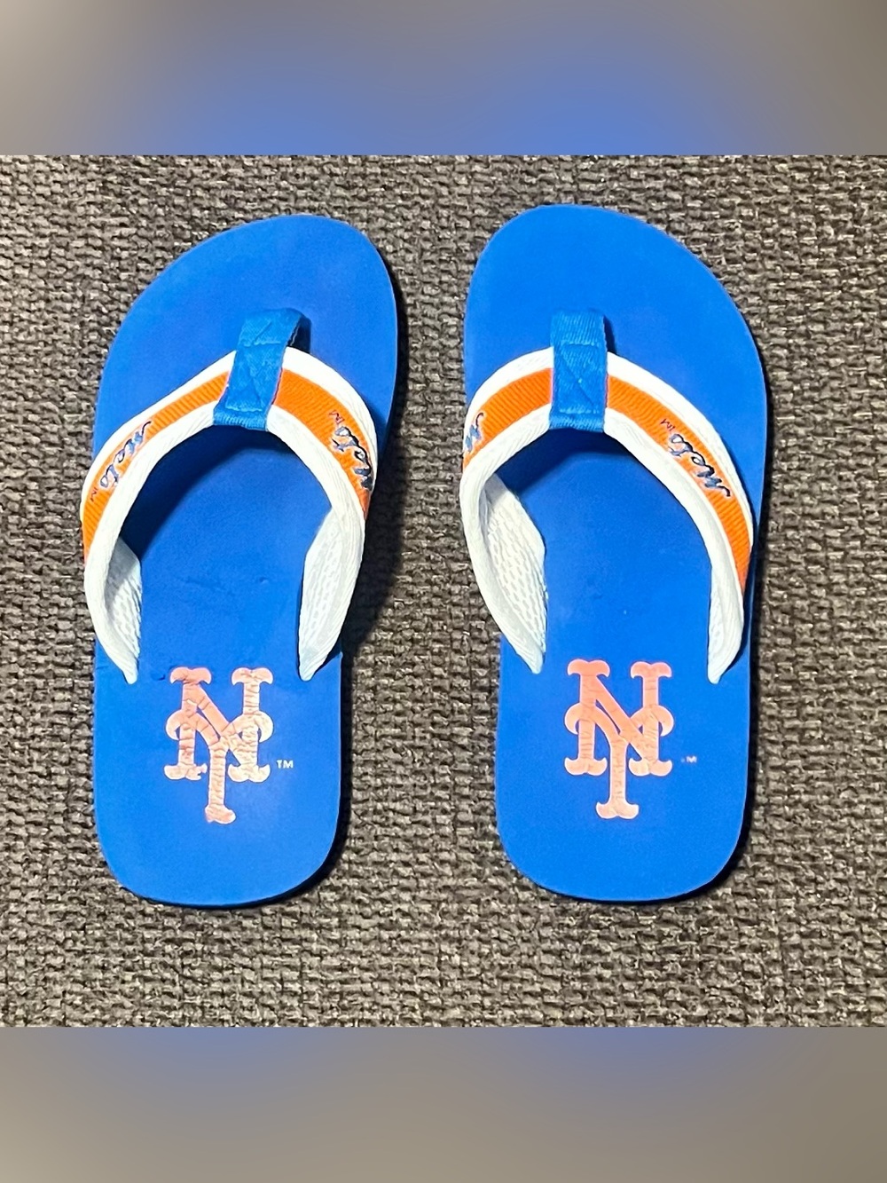 New York Mets MLB Baseball Blue Orange White Flip Flop Sandals-Youth 5-Womens 6